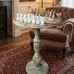 STUNNING Green Onyx Marble Chess Table & Set, luxury handmade stone chess table